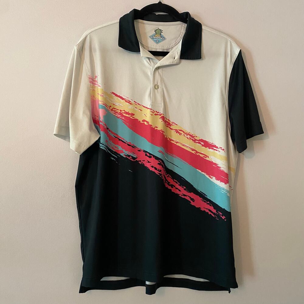 Chubbies Black White Colorful Retro Golf Polo Shirt Lightweight Men size Medium